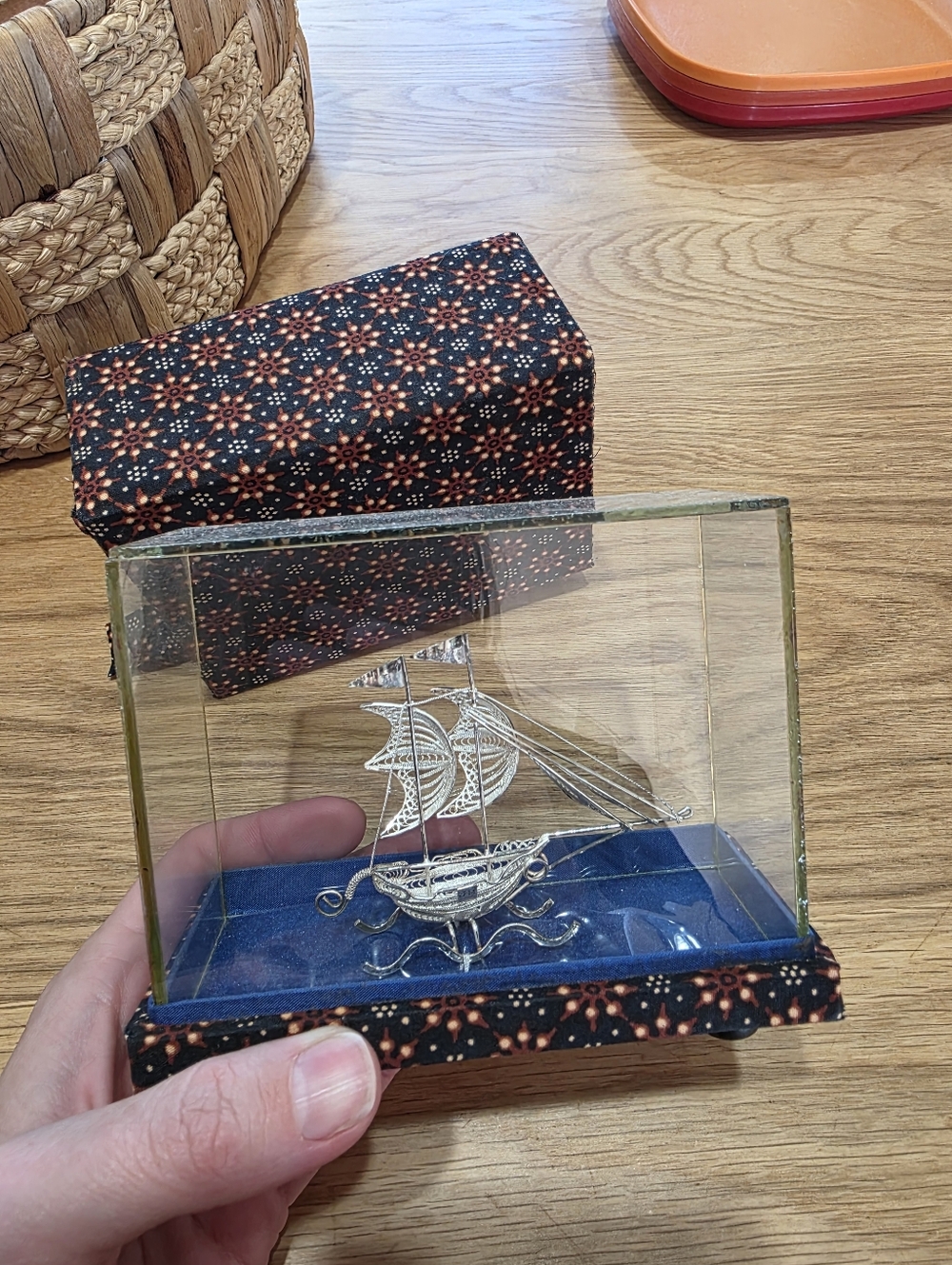 Silver Filigree Ship in Display Case - Blue Base